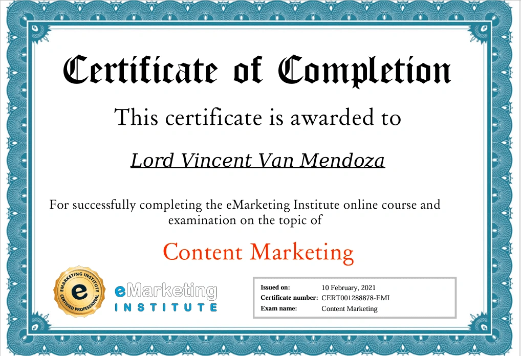 Content marketing certification badge from eMarketing Institute