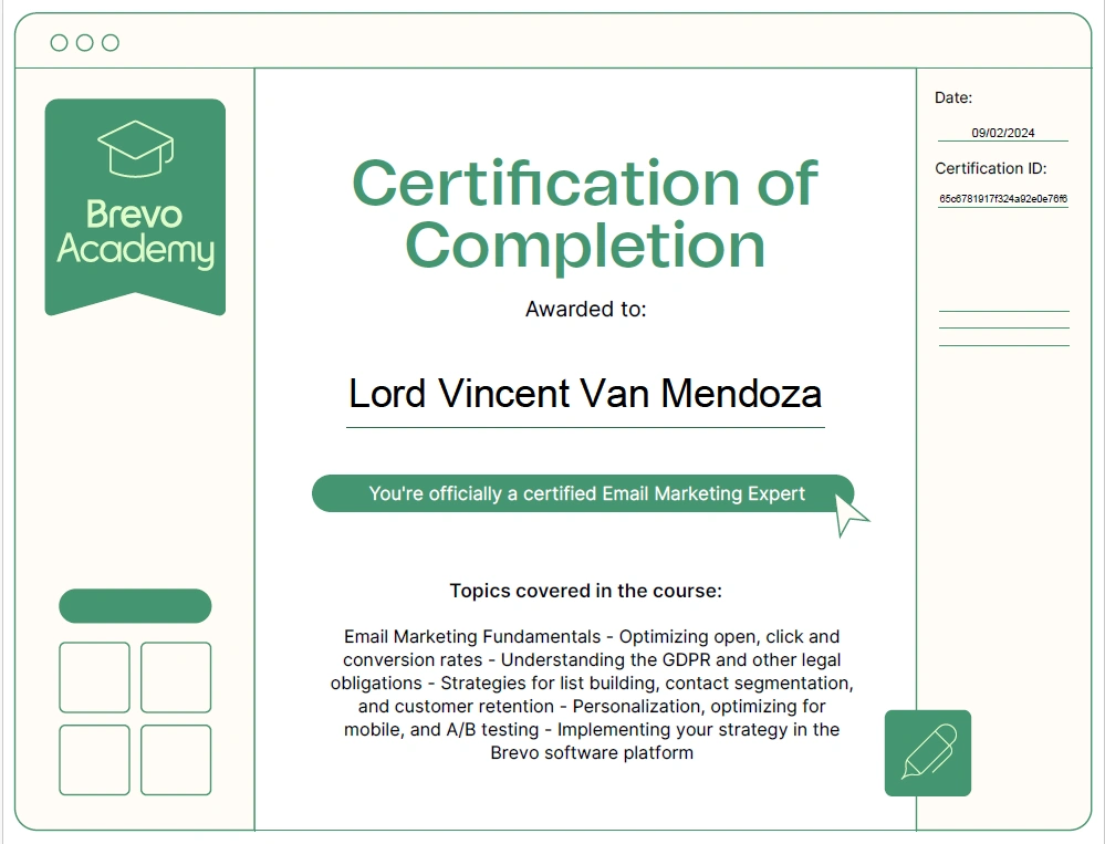 Email marketing certification badge from Brevo Academy