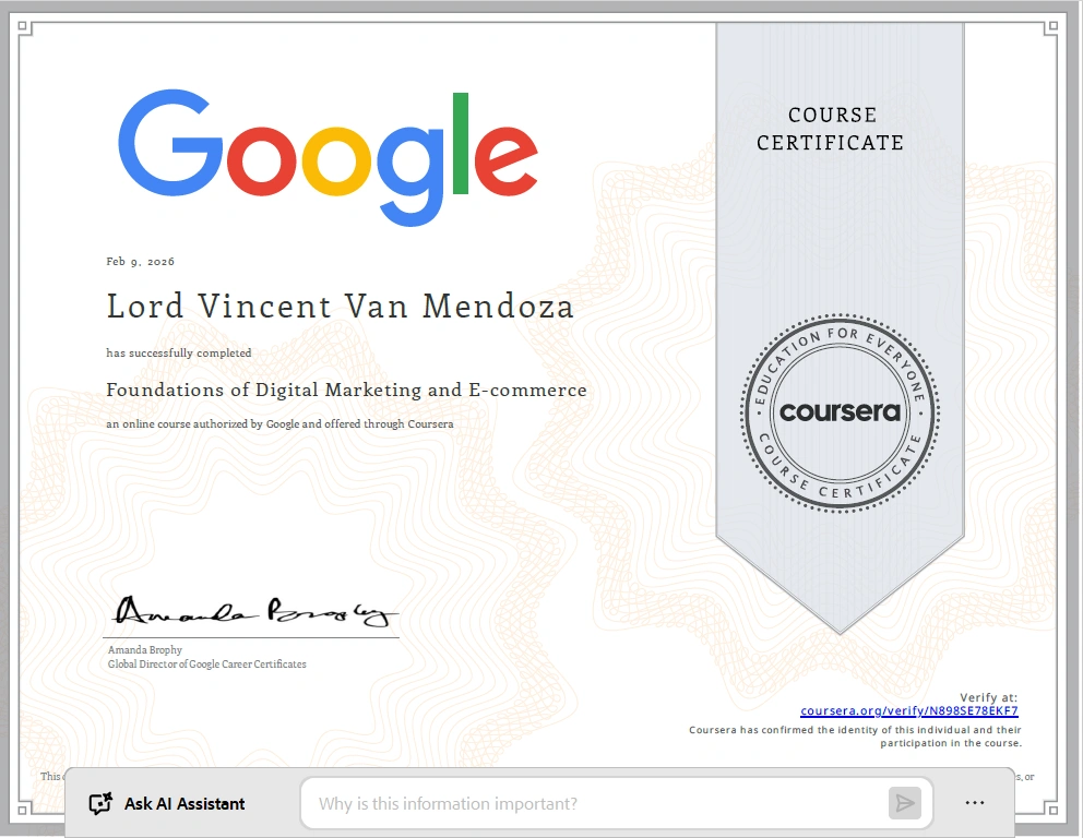Google digital marketing and ecommerce certificate badge