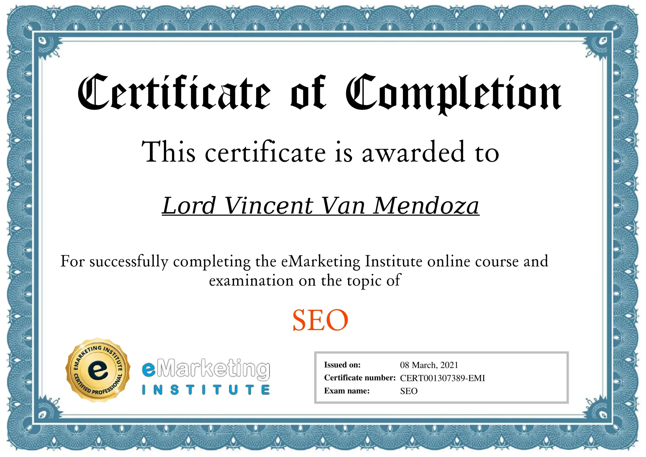 SEO certification badge from eMarketing Institute