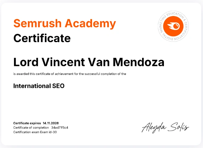 SEMrush international SEO certification badge