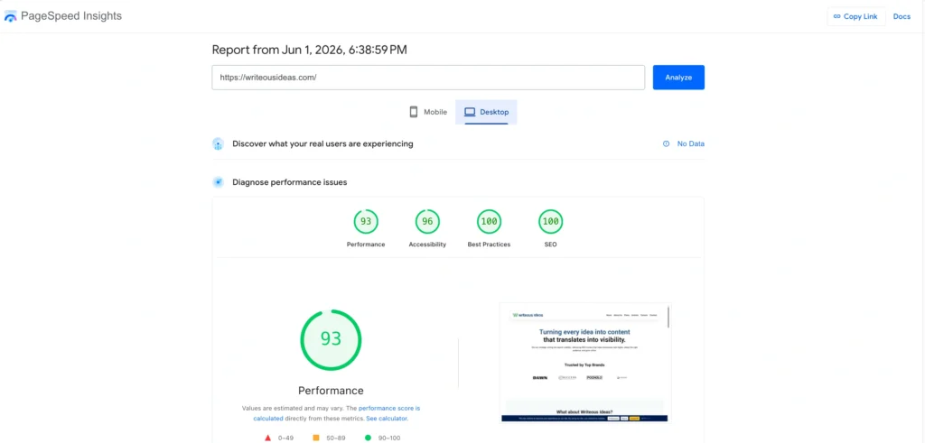 Writeous Ideas Page Speed Insights