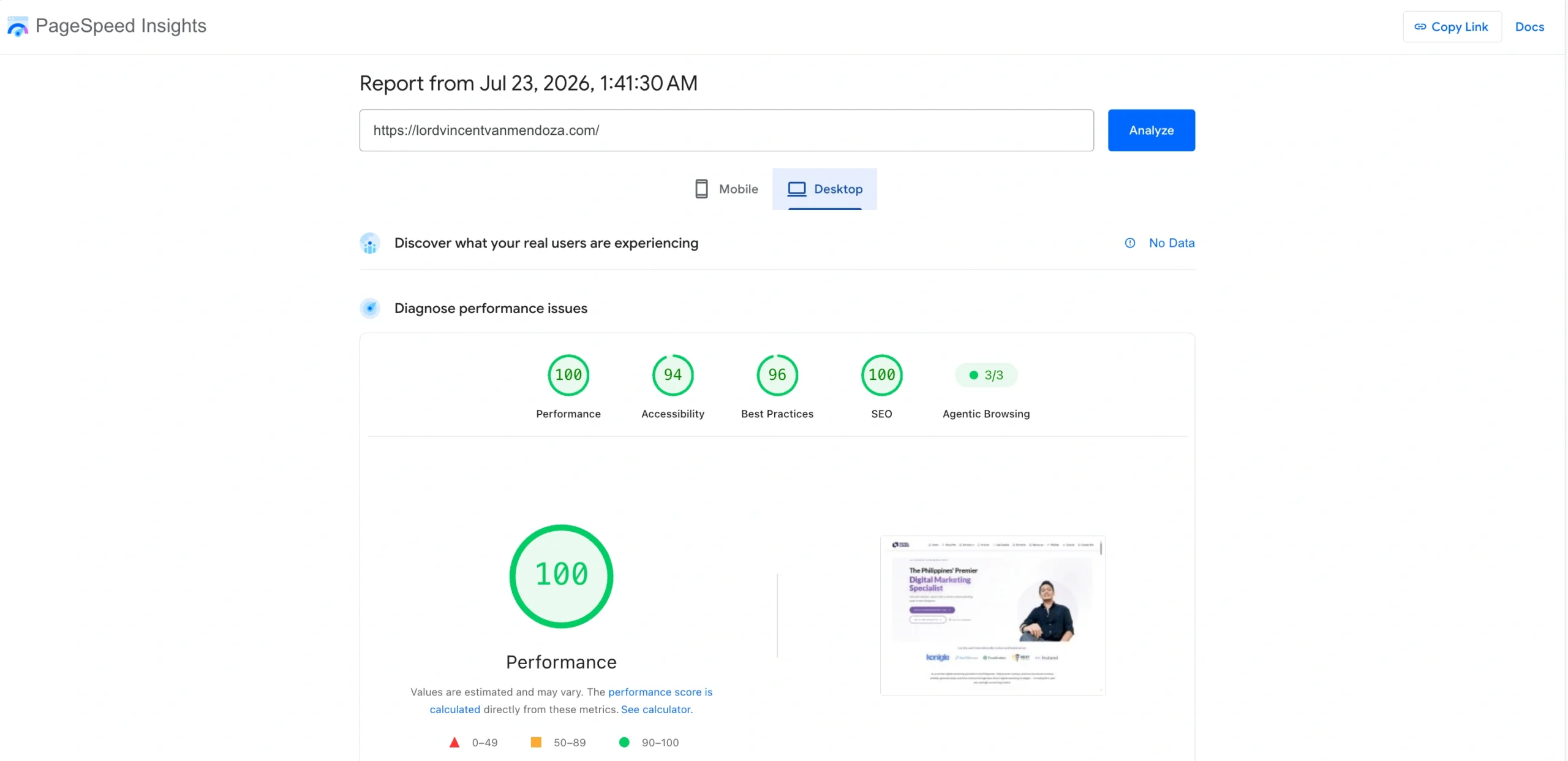 PageSpeed Insights result